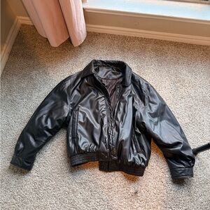 Zara Black Leather Bomber Jacket